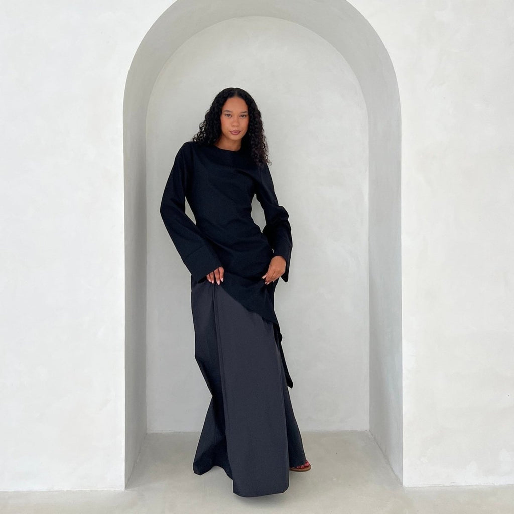 Elegant Asymmetric Top & Maxi Skirt Set | Cotton Linen Two-Piece Outfit (MS184)