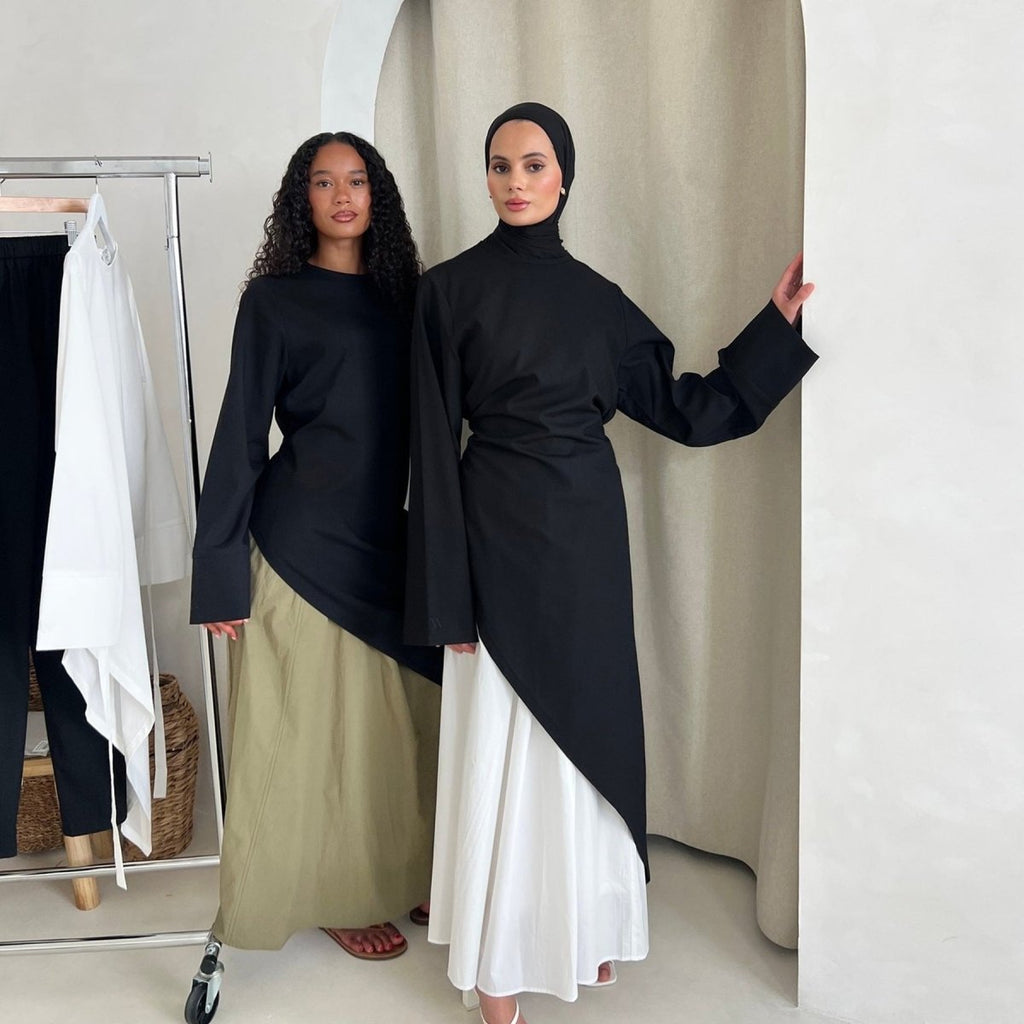 Elegant Asymmetric Top & Maxi Skirt Set | Cotton Linen Two-Piece Outfit (MS184)
