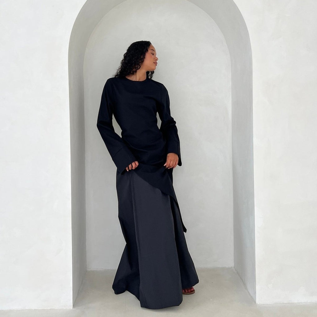 Elegant Asymmetric Top & Maxi Skirt Set | Cotton Linen Two-Piece Outfit (MS184)