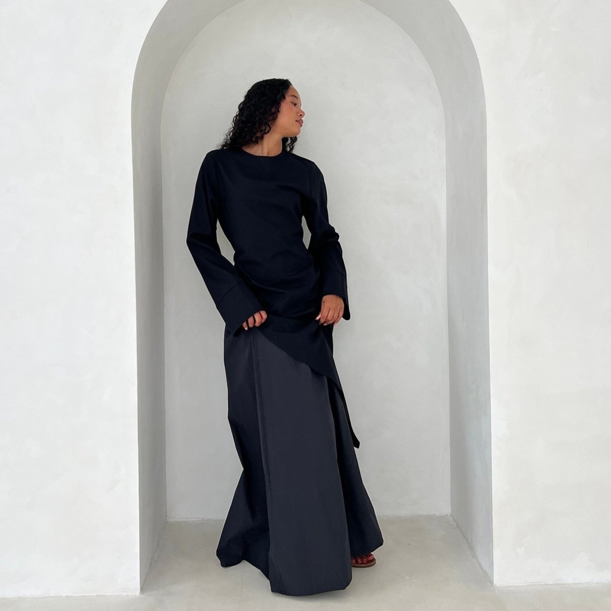 Elegant Asymmetric Top & Maxi Skirt Set | Cotton Linen Two-Piece Outfit (MS184)