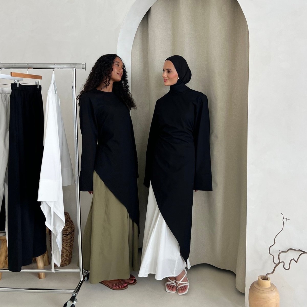 Elegant Asymmetric Top & Maxi Skirt Set | Cotton Linen Two-Piece Outfit (MS184)