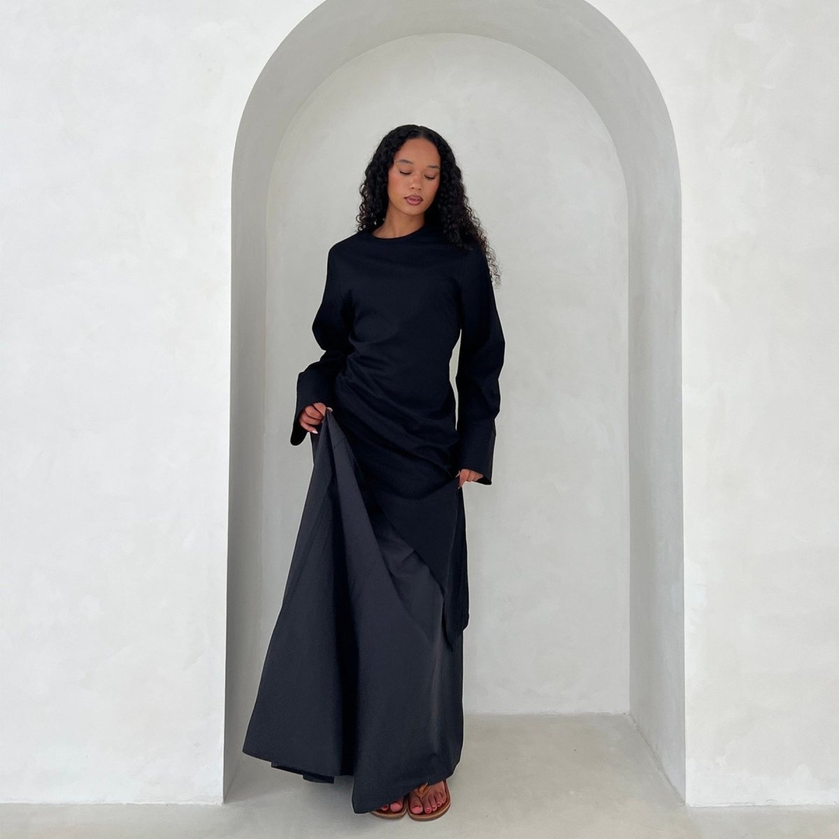 Elegant Asymmetric Top & Maxi Skirt Set | Cotton Linen Two-Piece Outfit (MS184)