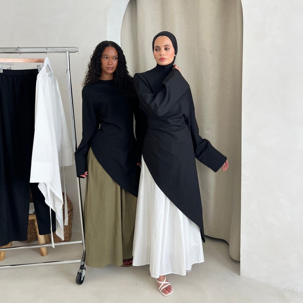 Elegant Asymmetric Top & Maxi Skirt Set | Cotton Linen Two-Piece Outfit (MS184)