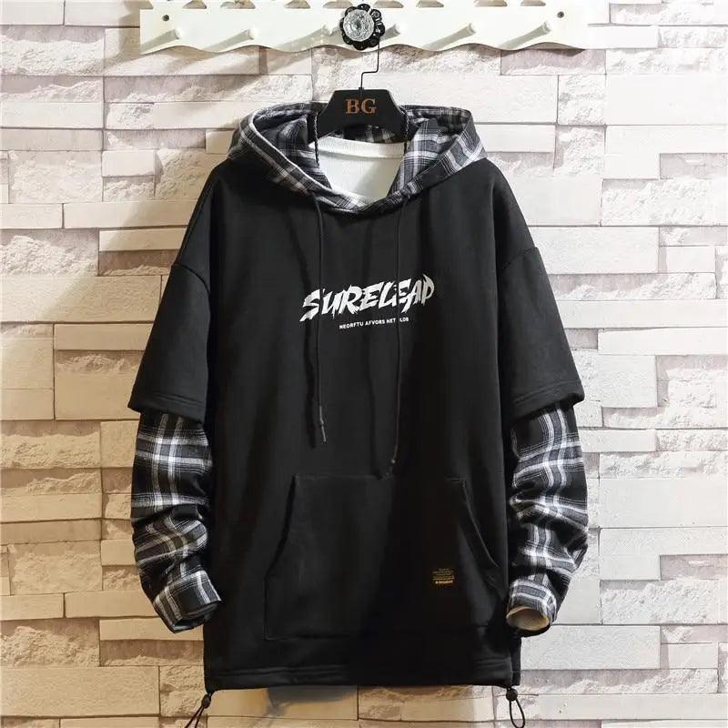 Elegant Autumn Spring Black Hoodies Men's Sweatshirts Punk Streetwear Casual Pullover Fleece Hoodie Men Contrast Color Design Pullover Long Sleeve Hoodie