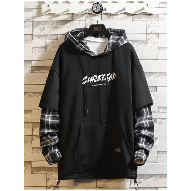 Elegant Autumn Spring Black Hoodies Men's Sweatshirts Punk Streetwear Casual Pullover Fleece Hoodie Men Contrast Color Design Pullover Long Sleeve Hoodie