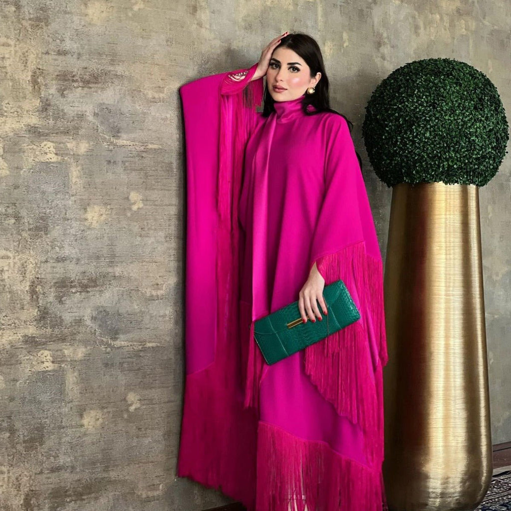 Bat Sleeve Tassel Kaftan | Party Dress with Flowy Fringe Details (MA288)