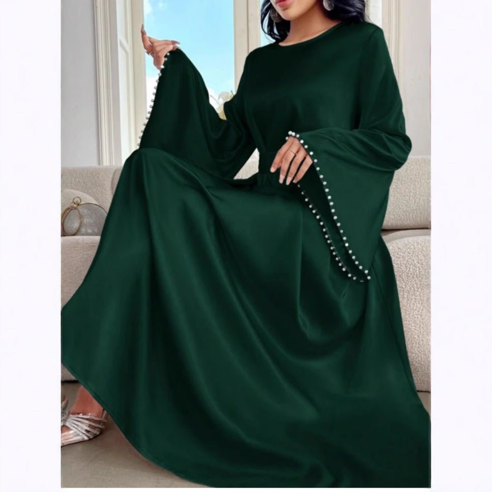 Elegant Beaded Pear Long Sleeve Maxi Dress Abaya with Flared Cuffs & Waist Tie (MA200)