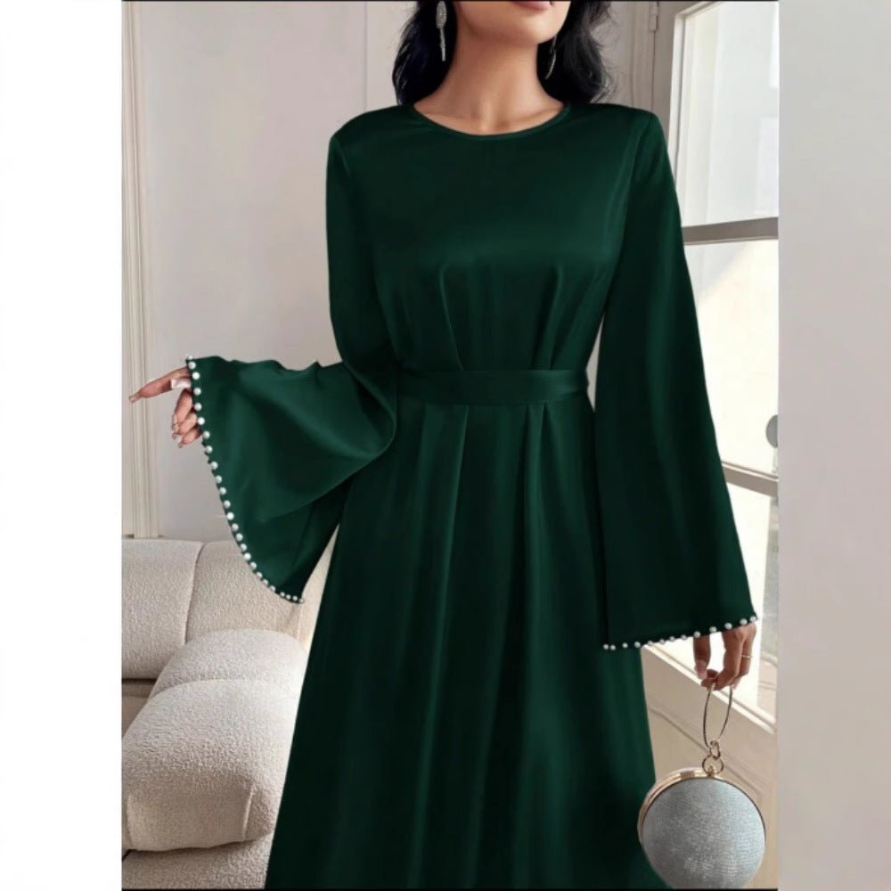 Elegant Beaded Pear Long Sleeve Maxi Dress Abaya with Flared Cuffs & Waist Tie (MA200)