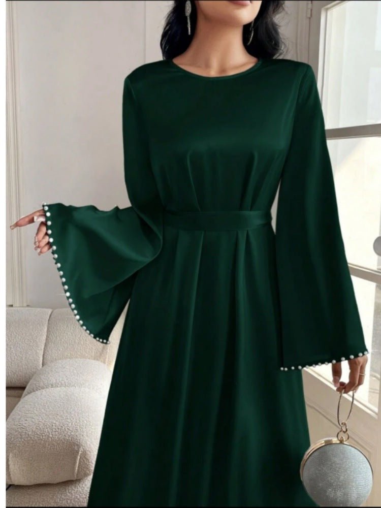 Elegant Beaded Pear Long Sleeve Maxi Dress Abaya with Flared Cuffs & Waist Tie (MA200)