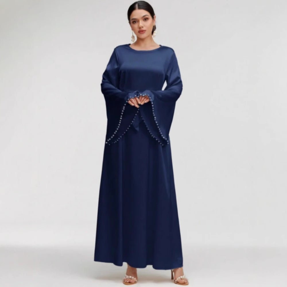 Elegant Beaded Pear Long Sleeve Maxi Dress Abaya with Flared Cuffs & Waist Tie (MA200)