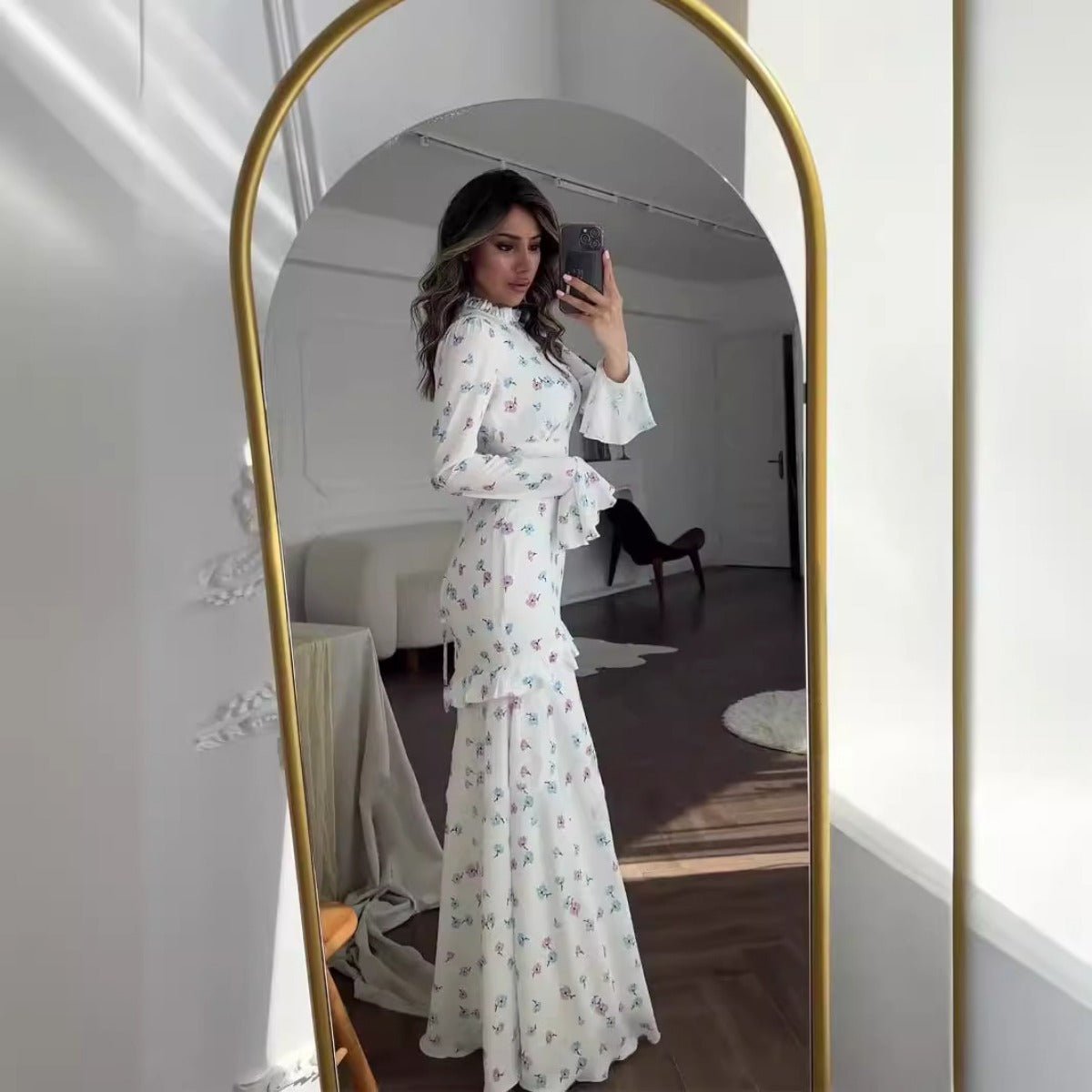 Elegant Bell Sleeve Romantic White Floral Ruffle Maxi Gown Abaya with Cascading Hem (MA226)