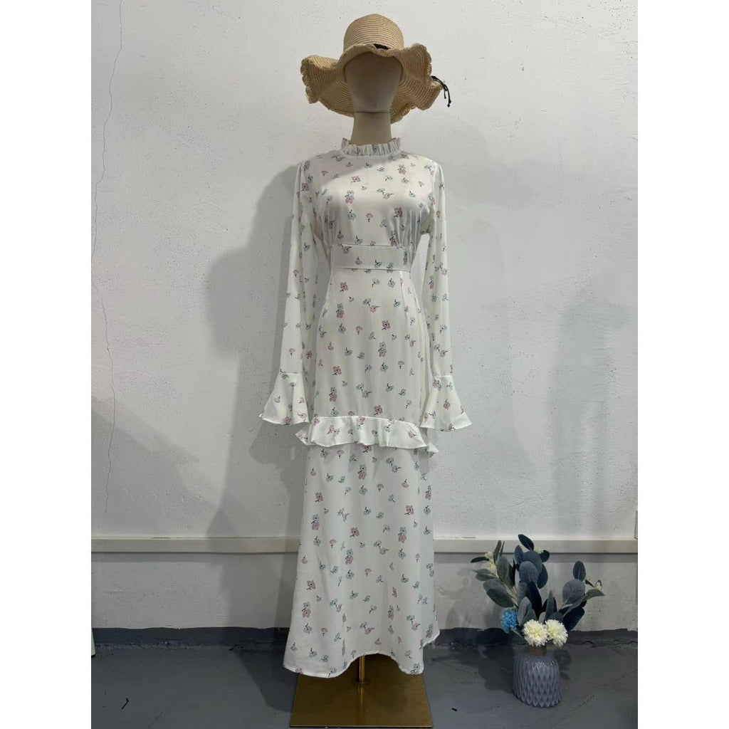 Elegant Bell Sleeve Romantic White Floral Ruffle Maxi Gown Abaya with Cascading Hem (MA226)