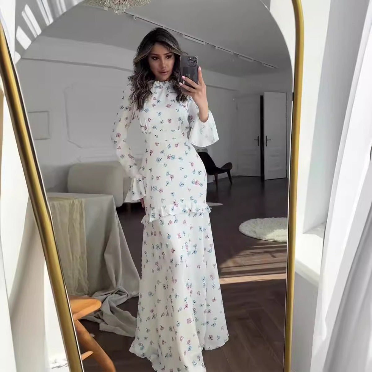 Elegant Bell Sleeve Romantic White Floral Ruffle Maxi Gown Abaya with Cascading Hem (MA226)