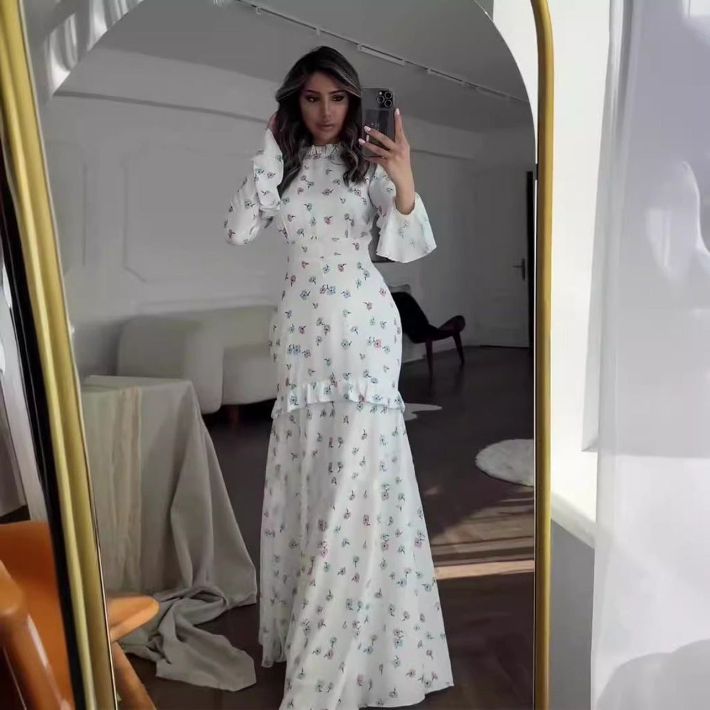 Elegant Bell Sleeve Romantic White Floral Ruffle Maxi Gown Abaya with Cascading Hem (MA226)