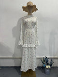 Elegant Bell Sleeve Romantic White Floral Ruffle Maxi Gown Abaya with Cascading Hem (MA226)
