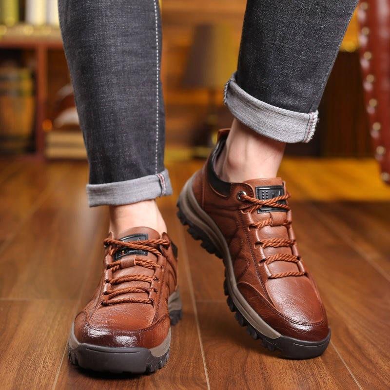 Elegant Black Leather Mens Business Boots Platform Winter Sneakers Without Lace Safety Shoe Quick-Drying Tactical Shoe Comfortable Sneaker Hiker Lightweight Ankle Motorcycle Mountain Running Short Boot