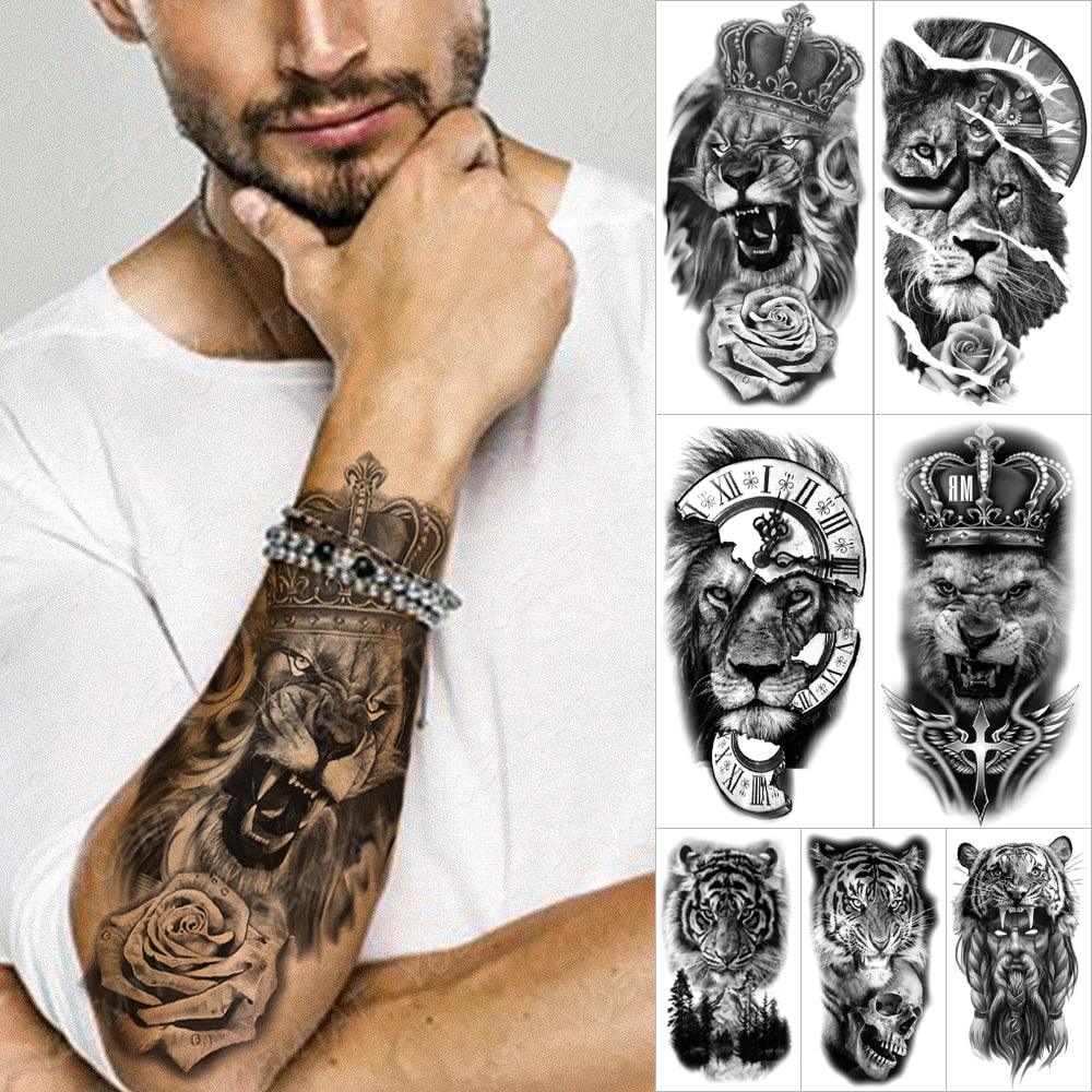 Elegant Black Waterproof Temporary Tattoo Sticker Lion Tiger Bear Flash Tattoos Leopard Wolf Colorful Big Tattoo Stickers For Mens Womens
