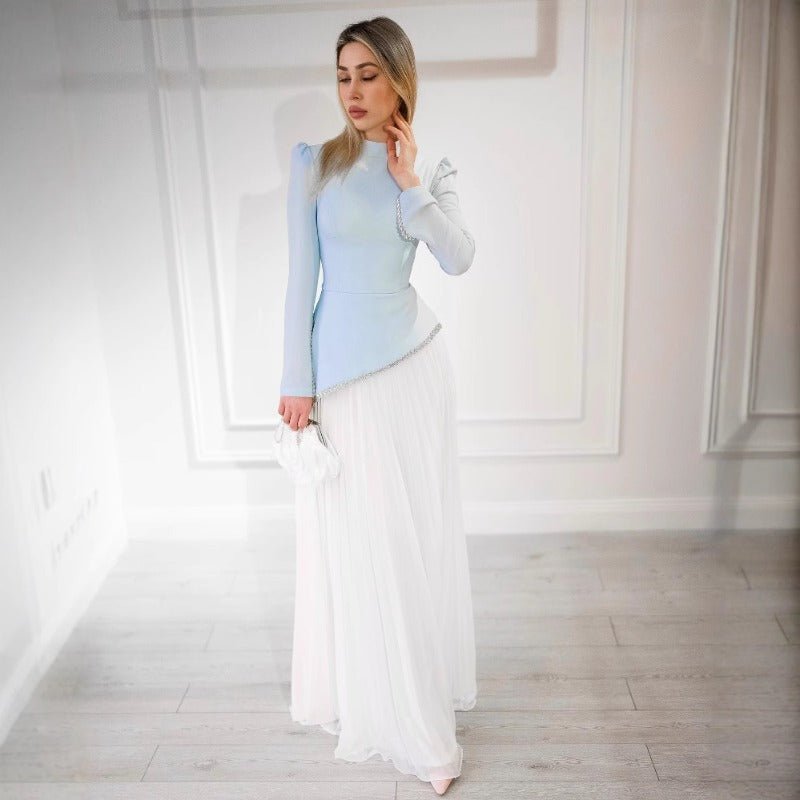 Elegant Blue White Chiffon Evening Dress | High Neck Pleated Maxi Dress(MA298)
