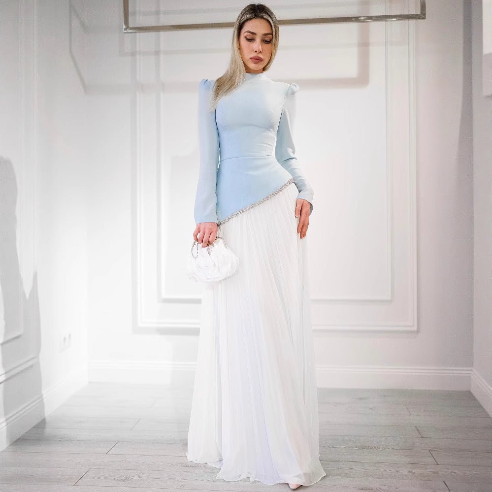 Elegant Blue White Chiffon Evening Dress | High Neck Pleated Maxi Dress(MA298)