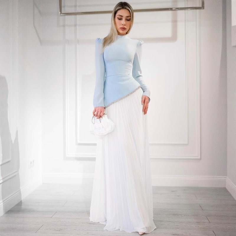 Elegant Blue White Chiffon Evening Dress | High Neck Pleated Maxi Dress(MA298)