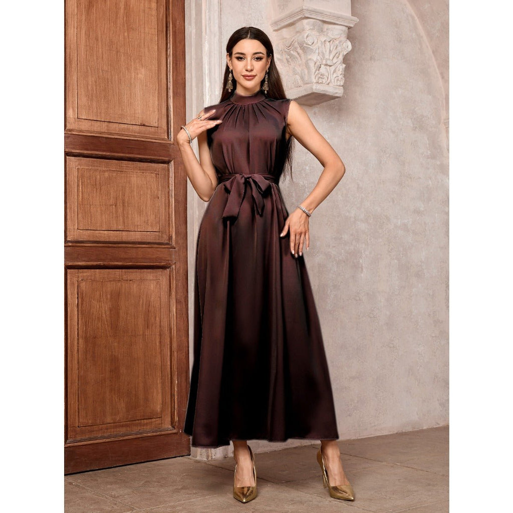 Elegant Brown & Black Bat Sleeve Robe Abaya | Gold Thread Embroidered Maxi Dress with Detachable Belt(MOA215)