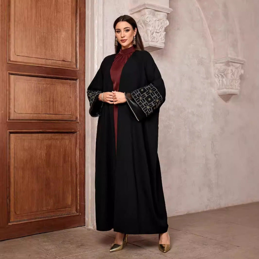 Elegant Brown & Black Bat Sleeve Robe Abaya | Gold Thread Embroidered Maxi Dress with Detachable Belt(MOA215)