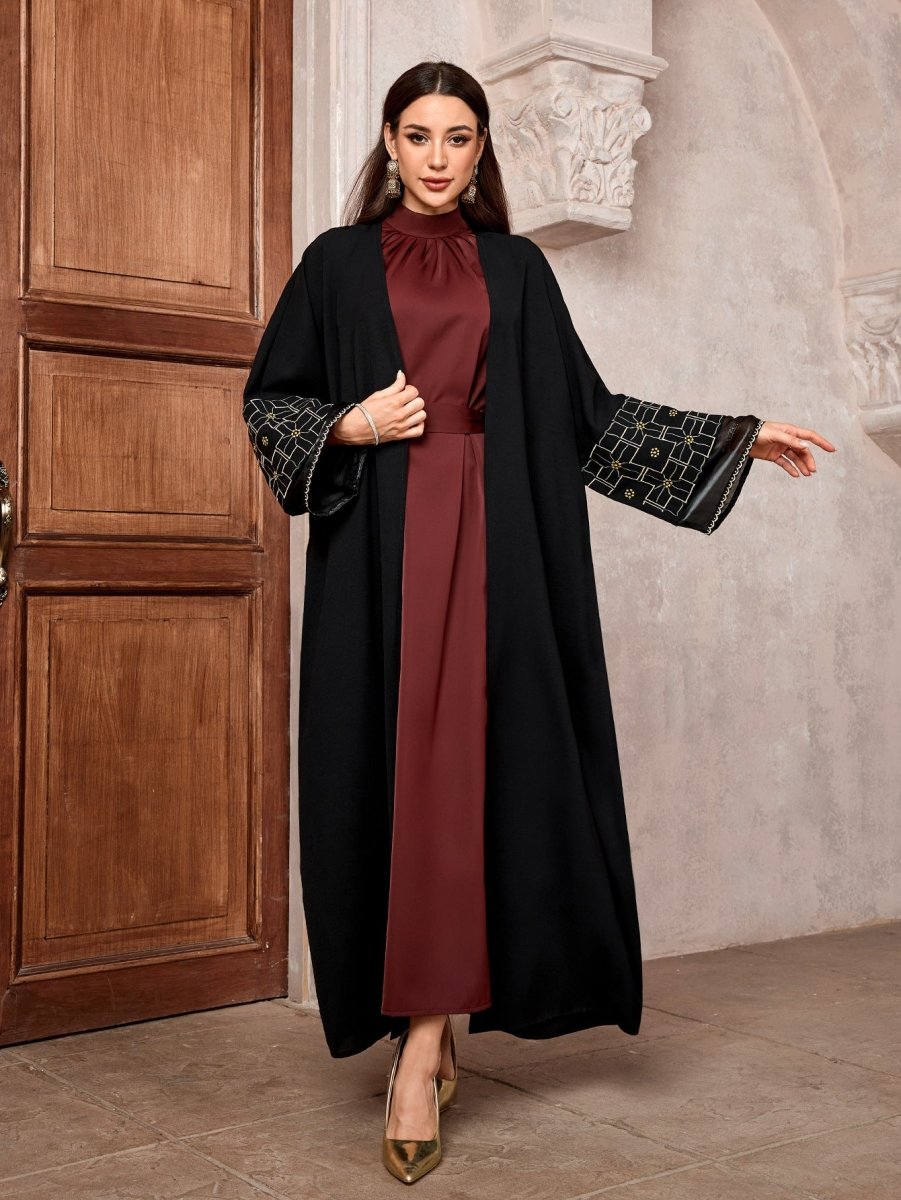 Elegant Brown & Black Bat Sleeve Robe Abaya | Gold Thread Embroidered Maxi Dress with Detachable Belt(MOA215)