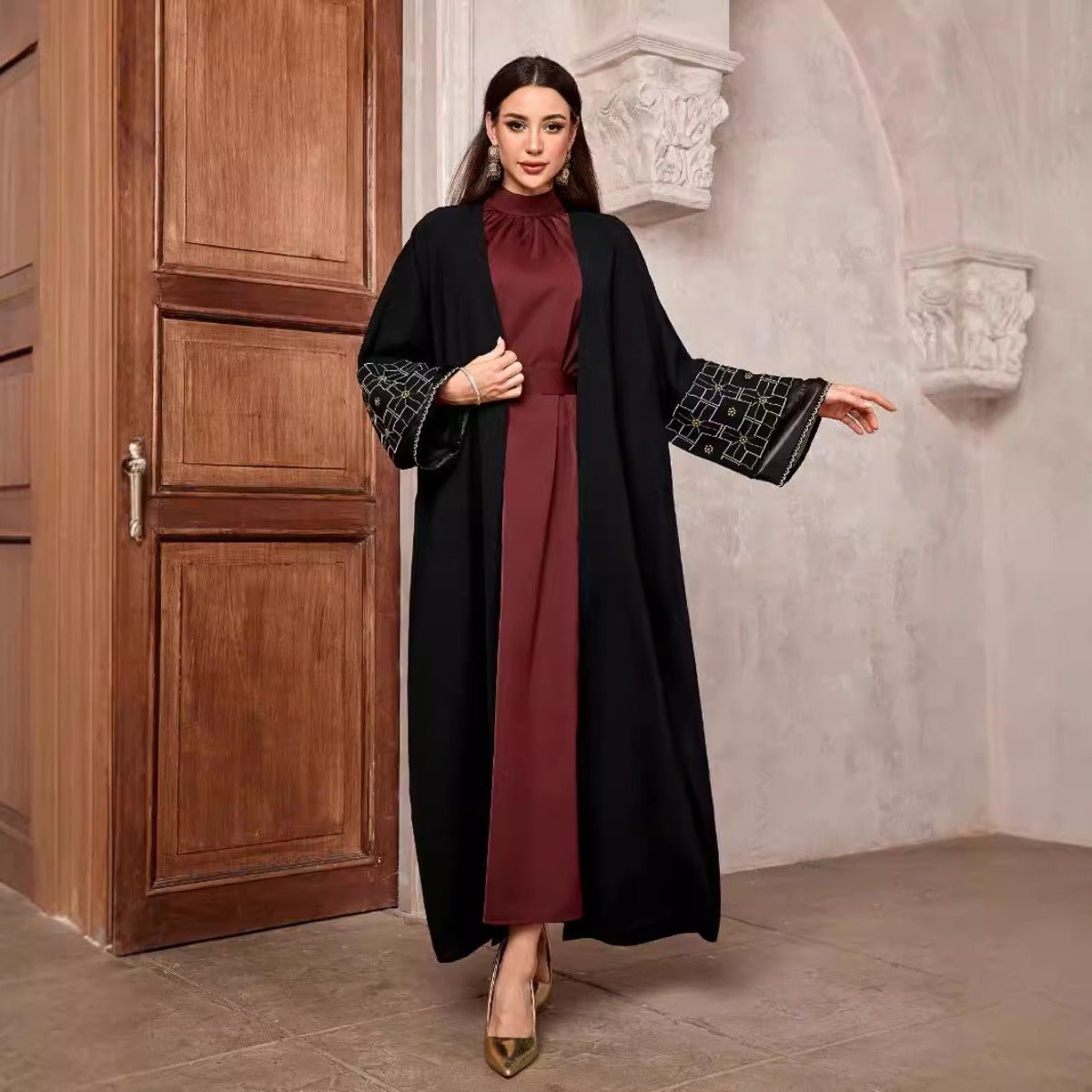 Elegant Brown & Black Bat Sleeve Robe Abaya | Gold Thread Embroidered Maxi Dress with Detachable Belt(MOA215)