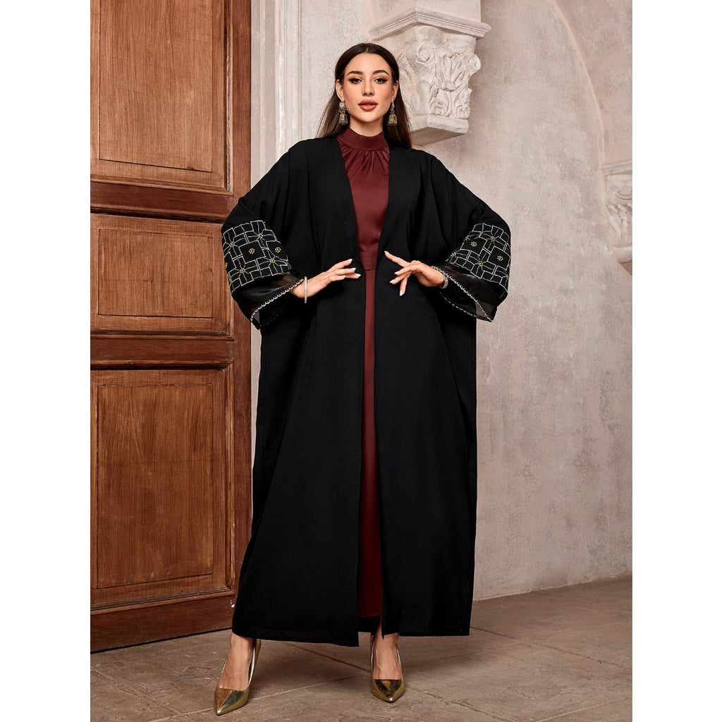 Elegant Brown & Black Bat Sleeve Robe Abaya | Gold Thread Embroidered Maxi Dress with Detachable Belt(MOA215)