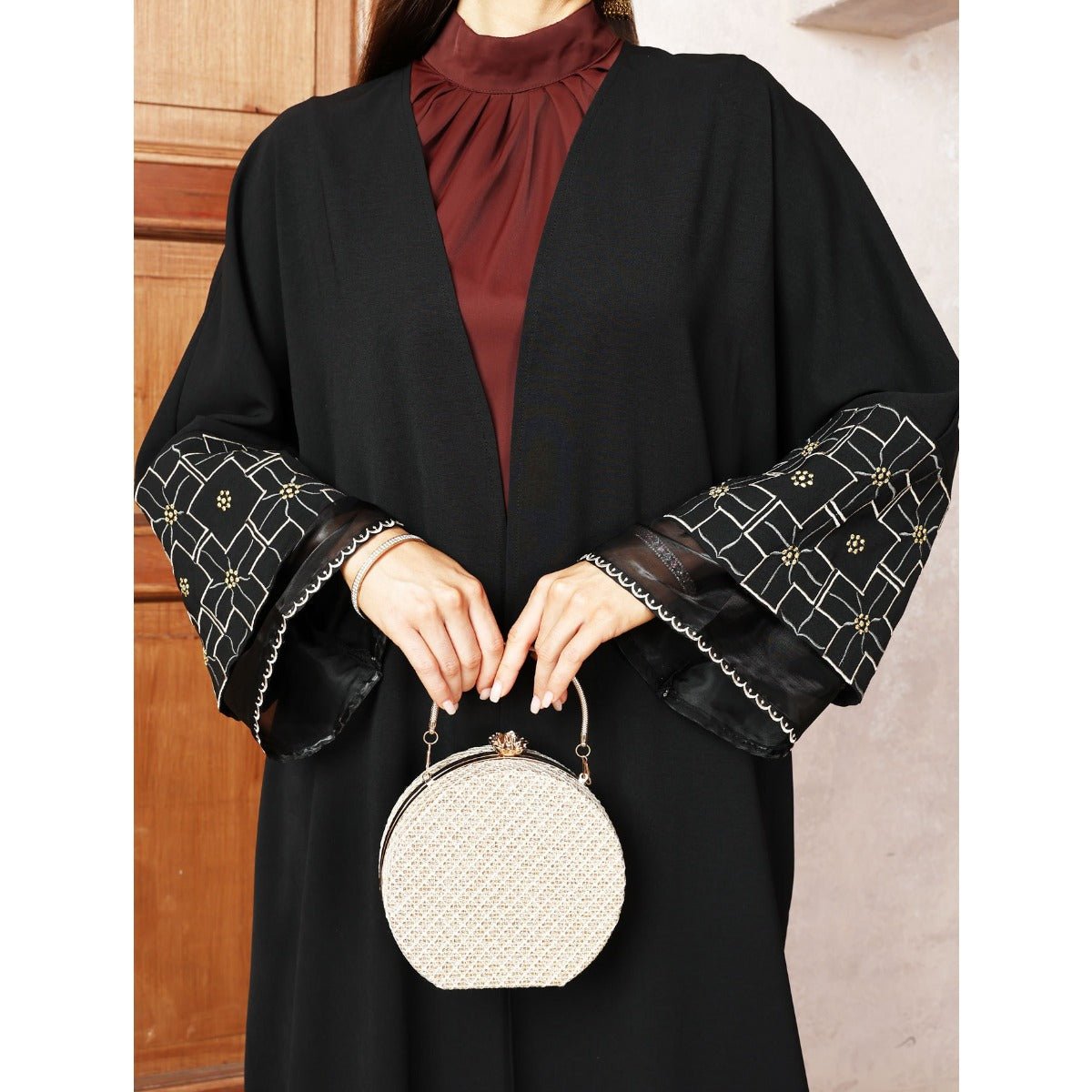 Elegant Brown & Black Bat Sleeve Robe Abaya | Gold Thread Embroidered Maxi Dress with Detachable Belt(MOA215)