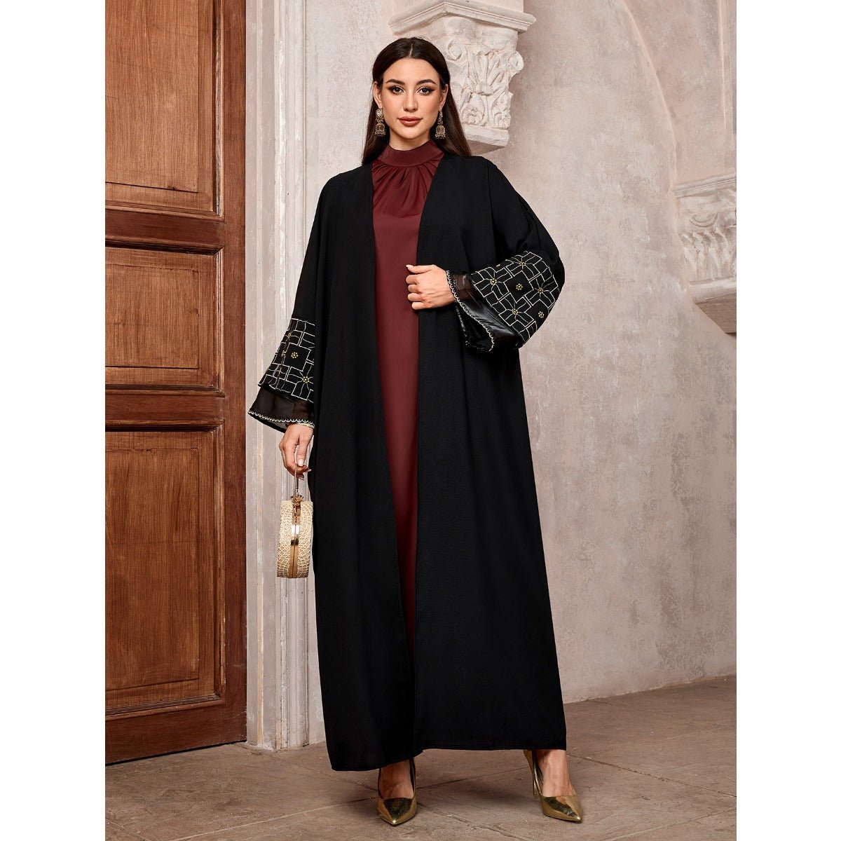 Elegant Brown & Black Bat Sleeve Robe Abaya | Gold Thread Embroidered Maxi Dress with Detachable Belt(MOA215)