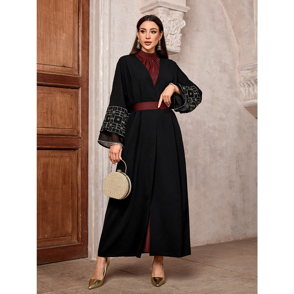 Elegant Brown & Black Bat Sleeve Robe Abaya | Gold Thread Embroidered Maxi Dress with Detachable Belt(MOA215)