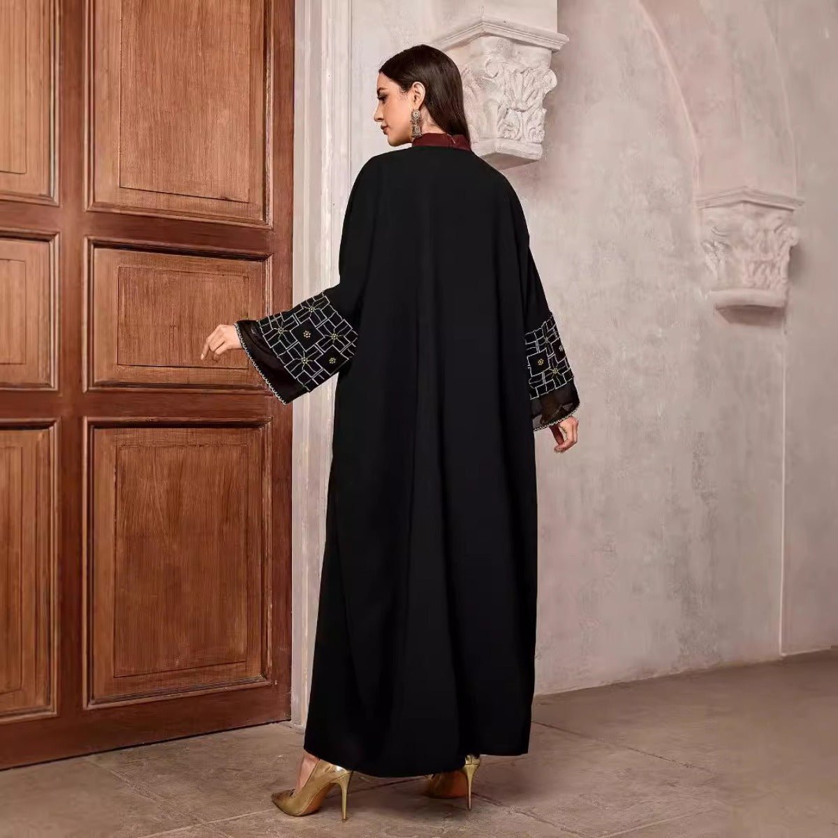 Elegant Brown & Black Bat Sleeve Robe Abaya | Gold Thread Embroidered Maxi Dress with Detachable Belt(MOA215)