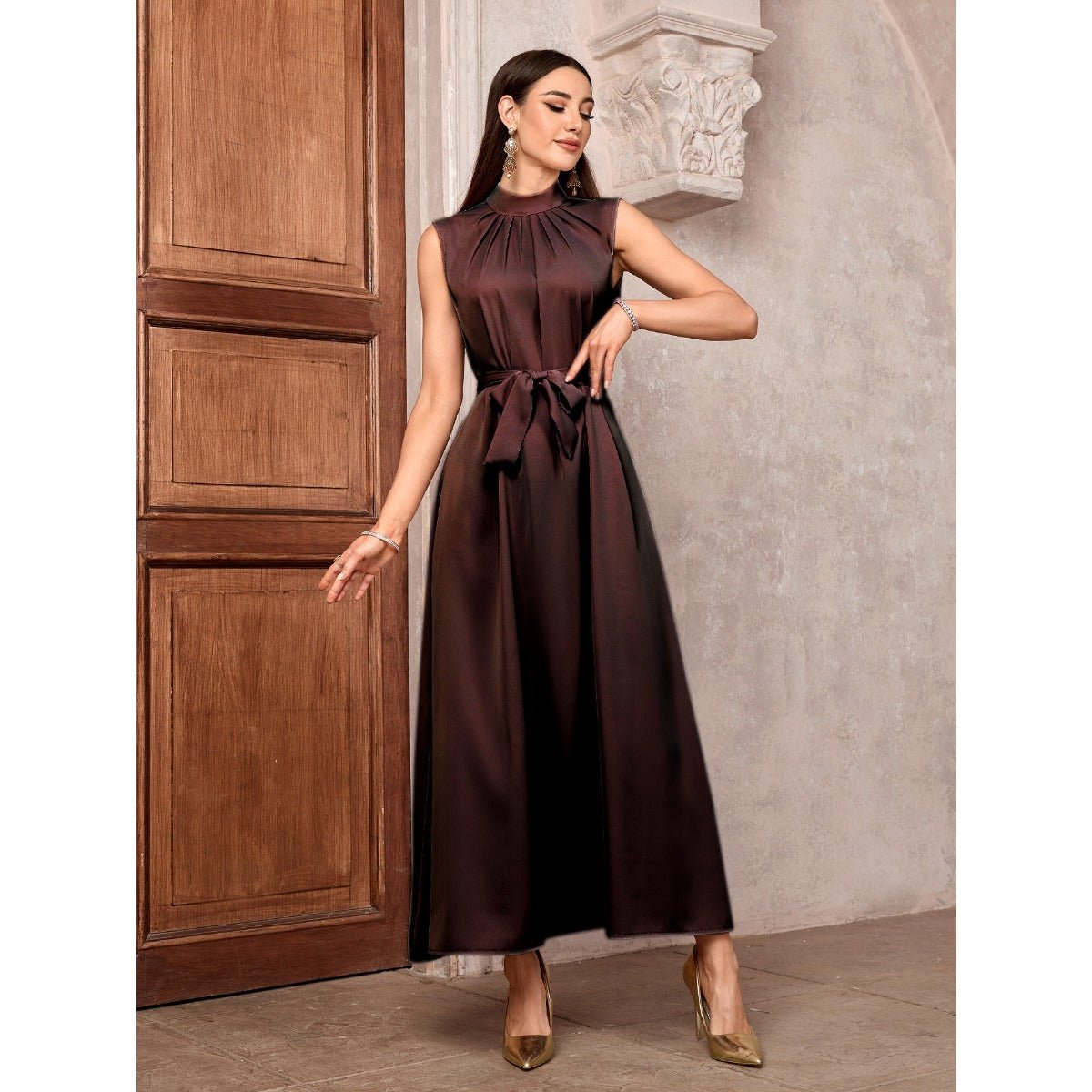 Elegant Brown & Black Bat Sleeve Robe Abaya | Gold Thread Embroidered Maxi Dress with Detachable Belt(MOA215)