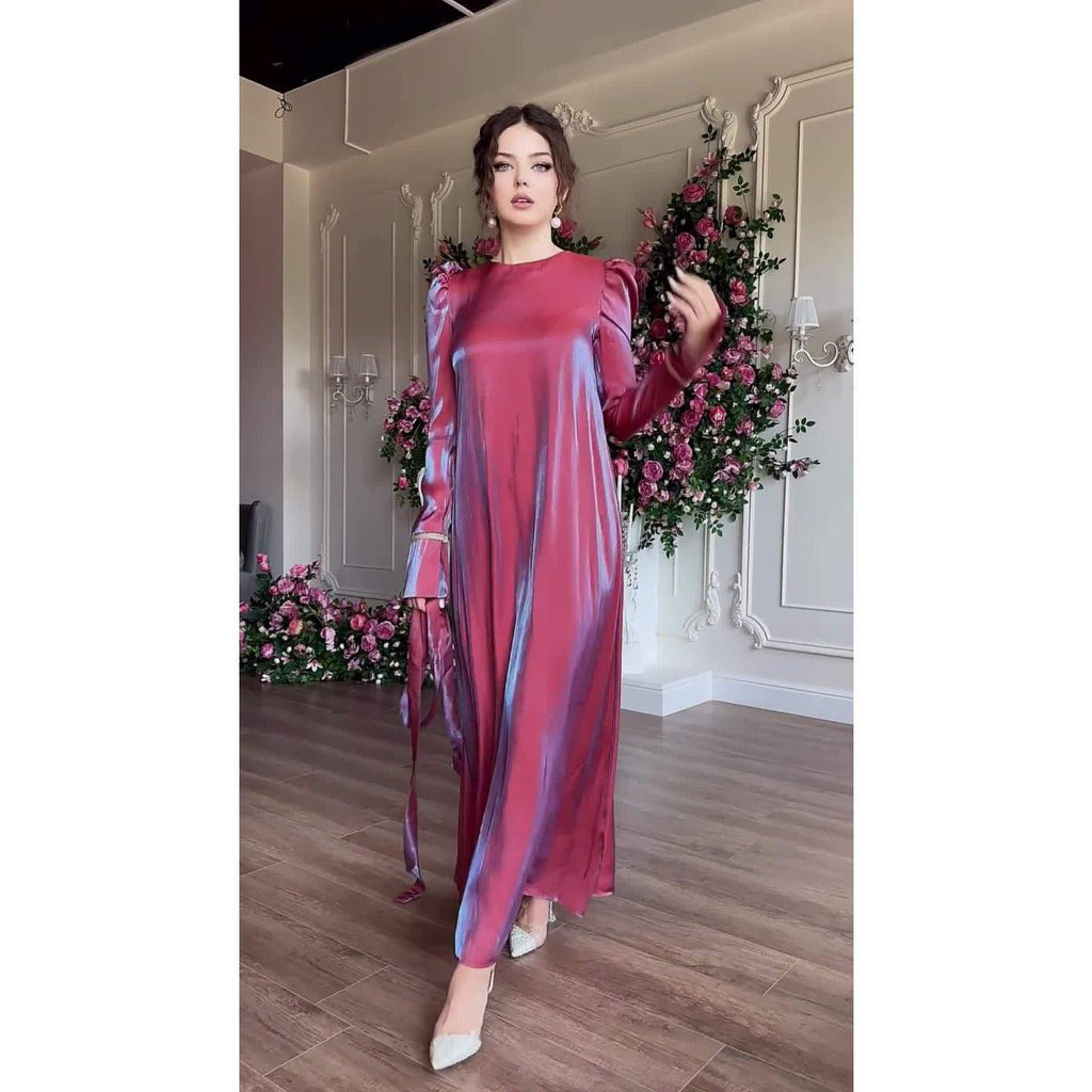 Elegant Burgundy Glitter Satin Long Sleeve Ball Gown with Flared Cuffs (MA223)