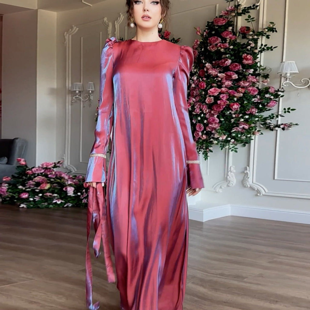 Elegant Burgundy Glitter Satin Long Sleeve Ball Gown with Flared Cuffs (MA223)