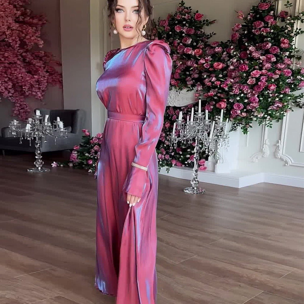 Elegant Burgundy Glitter Satin Long Sleeve Ball Gown with Flared Cuffs (MA223)