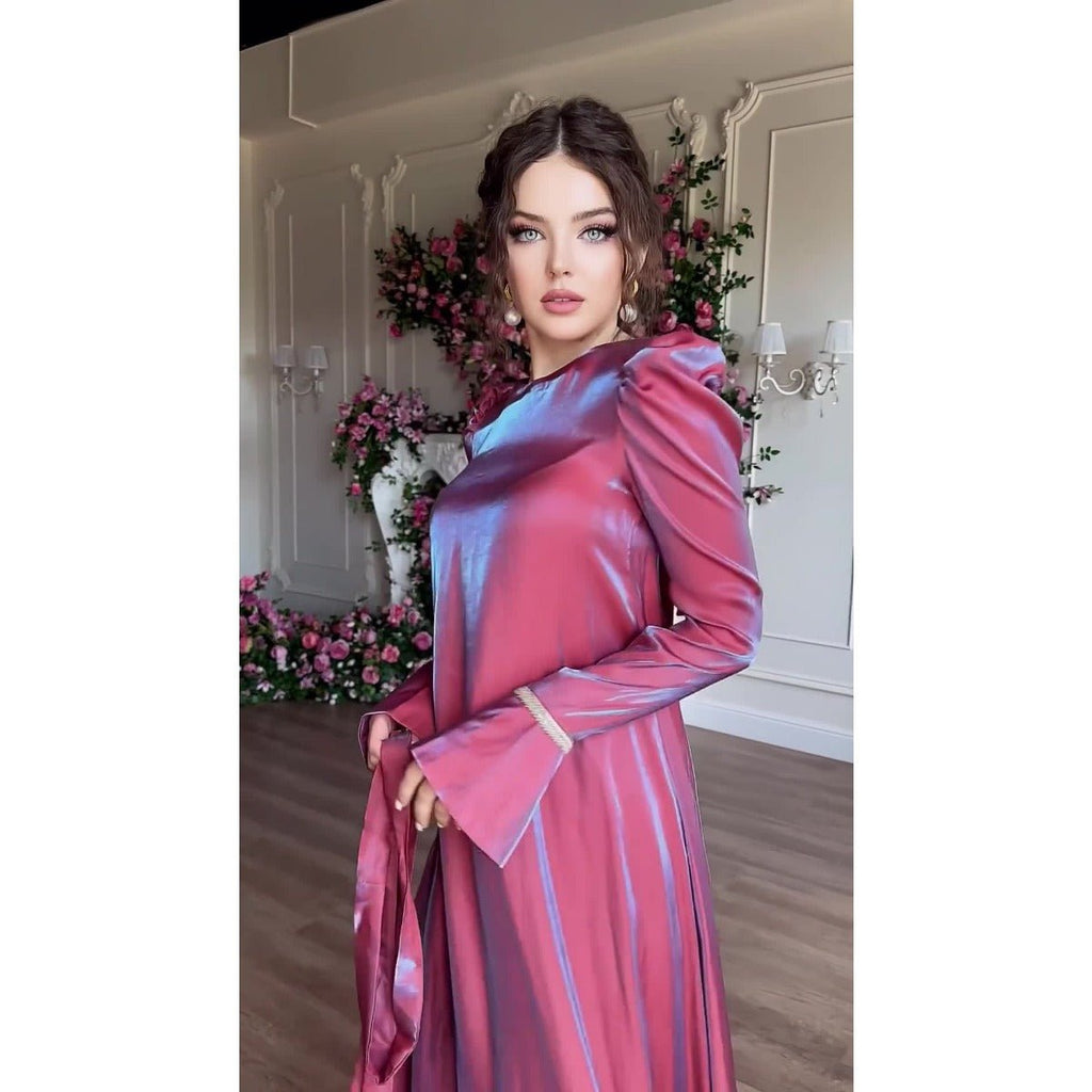 Elegant Burgundy Glitter Satin Long Sleeve Ball Gown with Flared Cuffs (MA223)