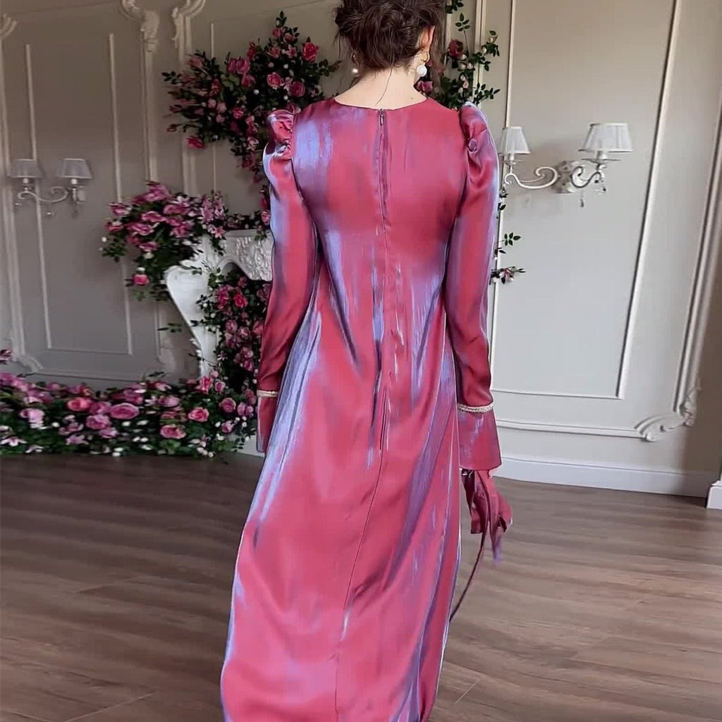 Elegant Burgundy Glitter Satin Long Sleeve Ball Gown with Flared Cuffs (MA223)
