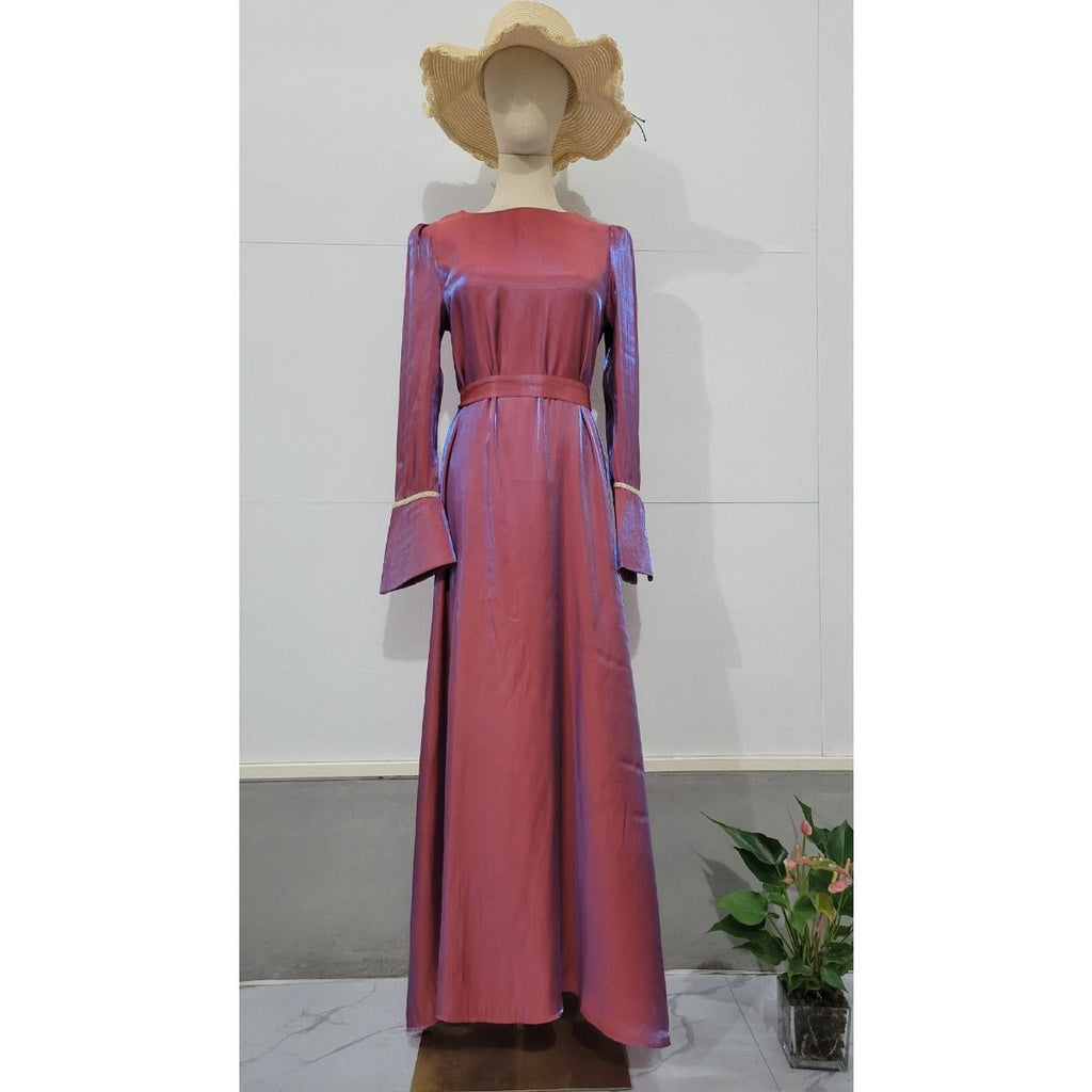 Elegant Burgundy Glitter Satin Long Sleeve Ball Gown with Flared Cuffs (MA223)