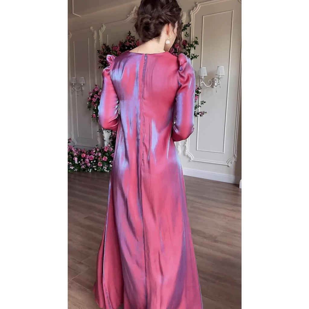 Elegant Burgundy Glitter Satin Long Sleeve Ball Gown with Flared Cuffs (MA223)