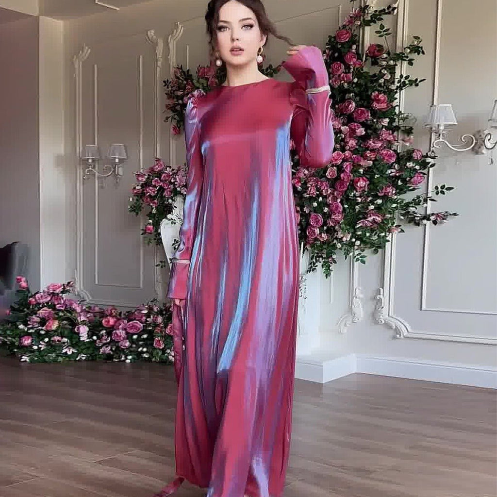 Elegant Burgundy Glitter Satin Long Sleeve Ball Gown with Flared Cuffs (MA223)