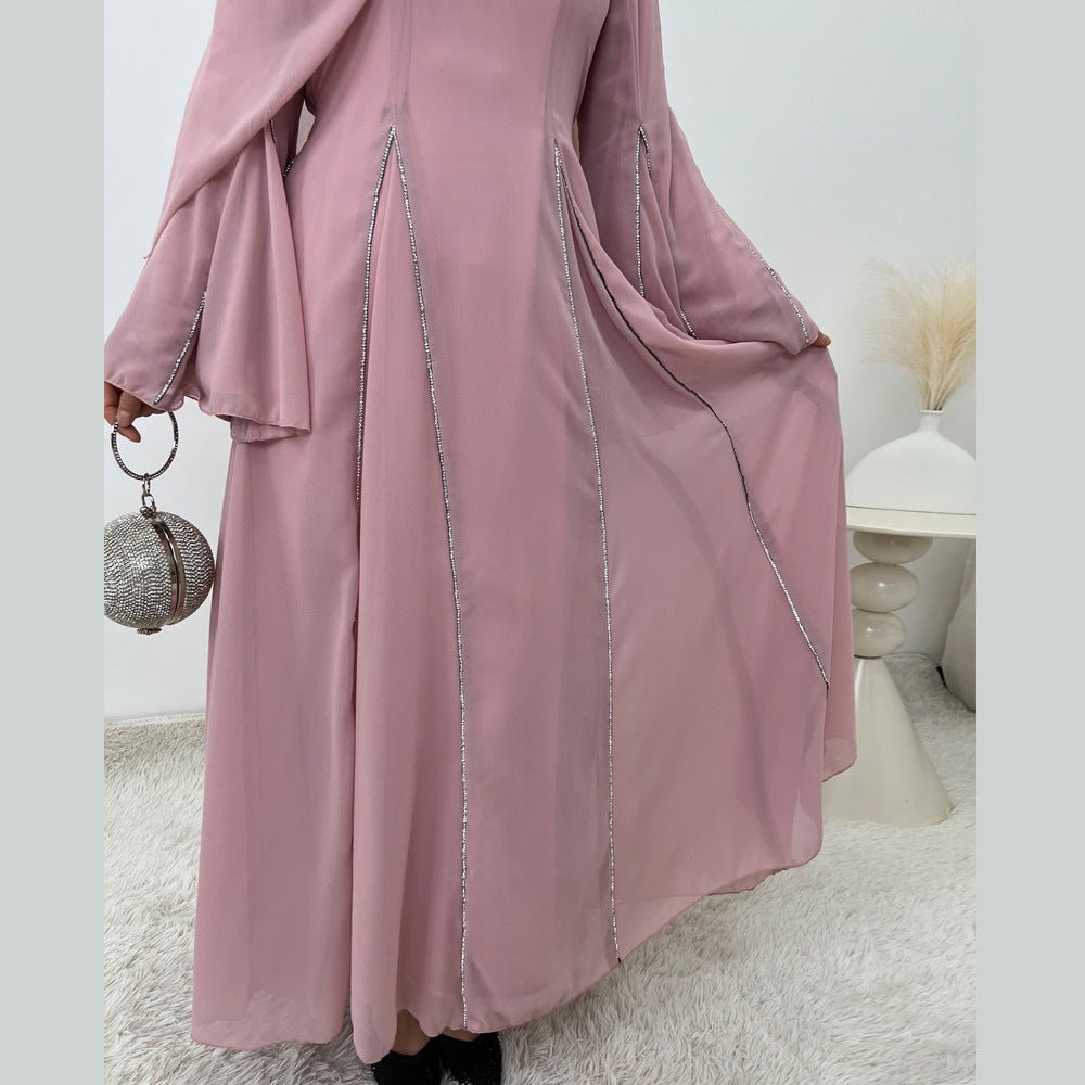 Elegant Chiffon Abaya Set with Hijab | Round Neck Bell Sleeve Maxi Dress with Rhinestone Trim (MA325)