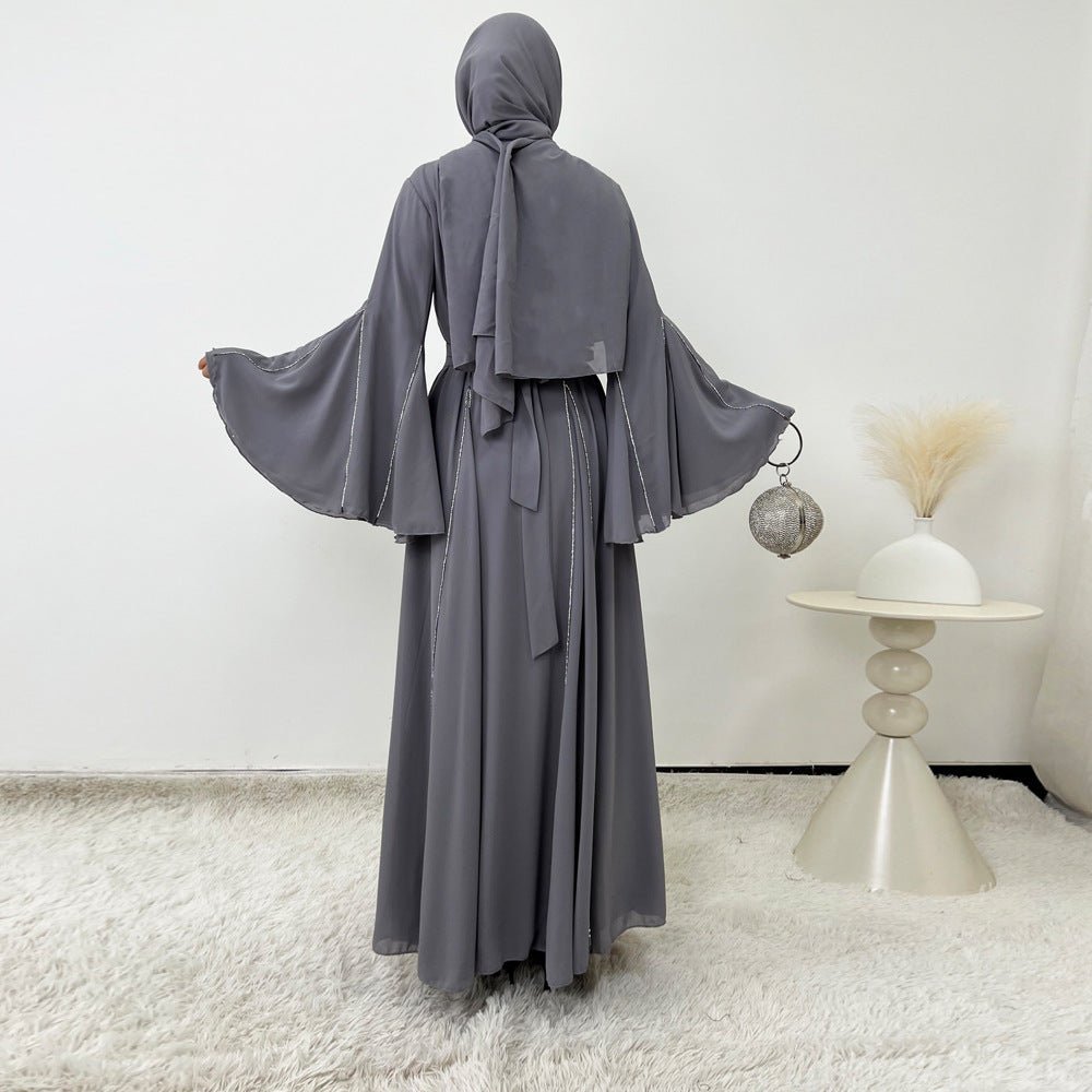 Elegant Chiffon Abaya Set with Hijab | Round Neck Bell Sleeve Maxi Dress with Rhinestone Trim (MA325)