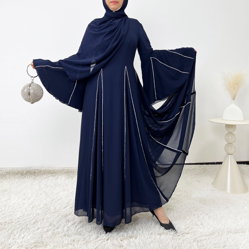 Elegant Chiffon Abaya Set with Hijab | Round Neck Bell Sleeve Maxi Dress with Rhinestone Trim (MA325)
