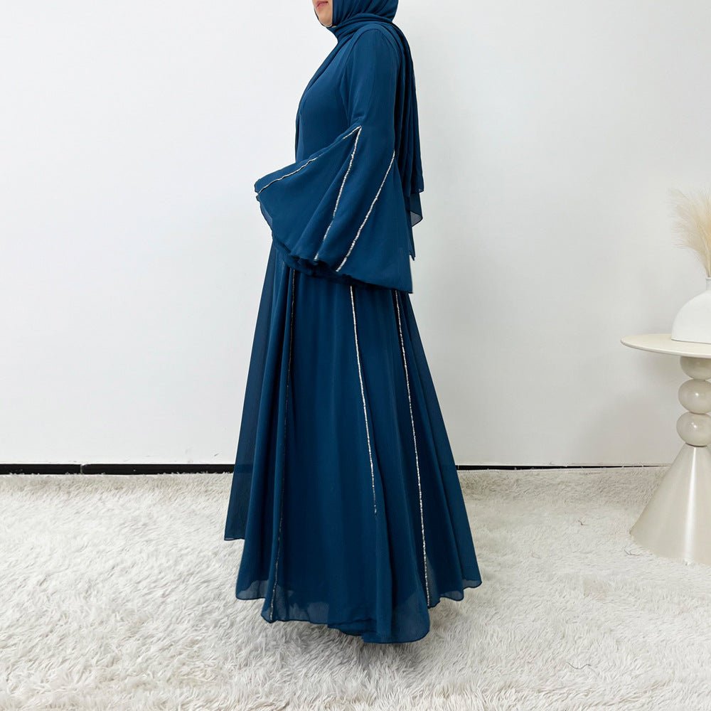 Elegant Chiffon Abaya Set with Hijab | Round Neck Bell Sleeve Maxi Dress with Rhinestone Trim (MA325)