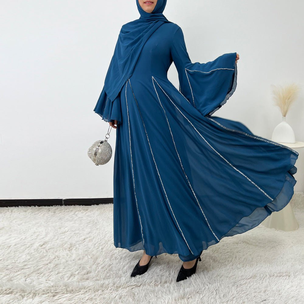 Elegant Chiffon Abaya Set with Hijab | Round Neck Bell Sleeve Maxi Dress with Rhinestone Trim (MA325)
