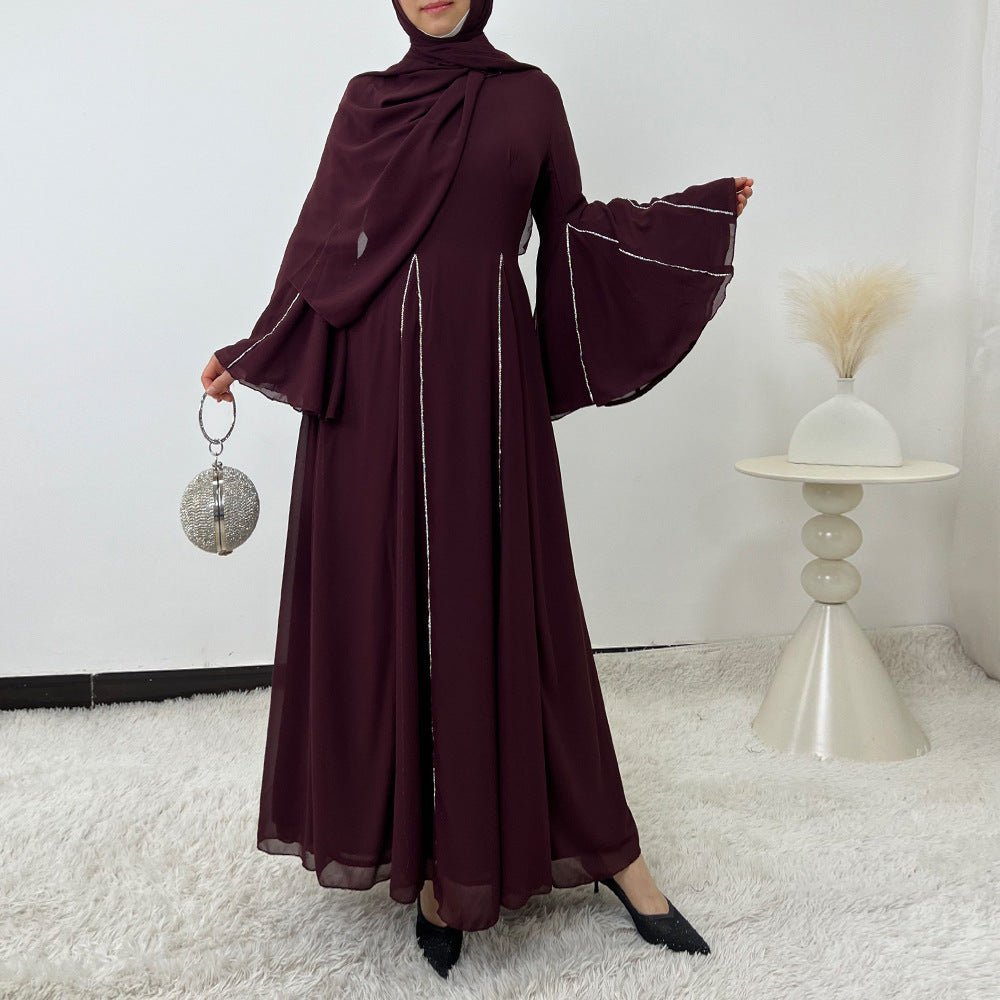 Elegant Chiffon Abaya Set with Hijab | Round Neck Bell Sleeve Maxi Dress with Rhinestone Trim (MA325)