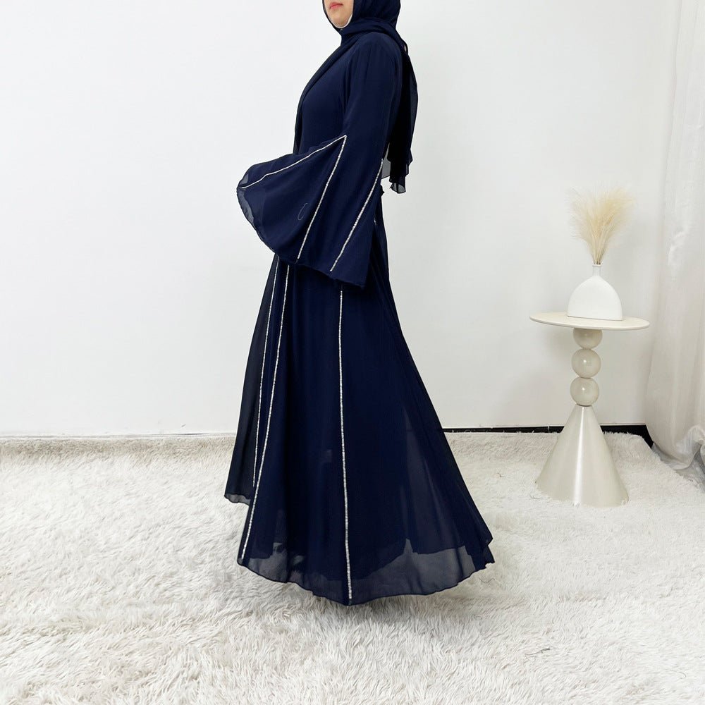 Elegant Chiffon Abaya Set with Hijab | Round Neck Bell Sleeve Maxi Dress with Rhinestone Trim (MA325)