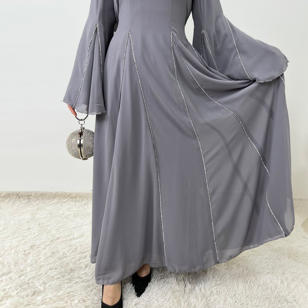 Elegant Chiffon Abaya Set with Hijab | Round Neck Bell Sleeve Maxi Dress with Rhinestone Trim (MA325)